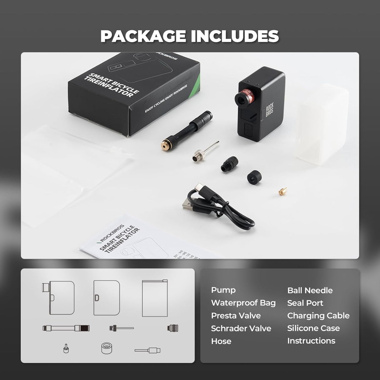 ROCKBROS Електрическа велосипедна помпа 120PSI Преносими мини помпи Акумулаторна 450mAh малка електронна помпа Малък компресор