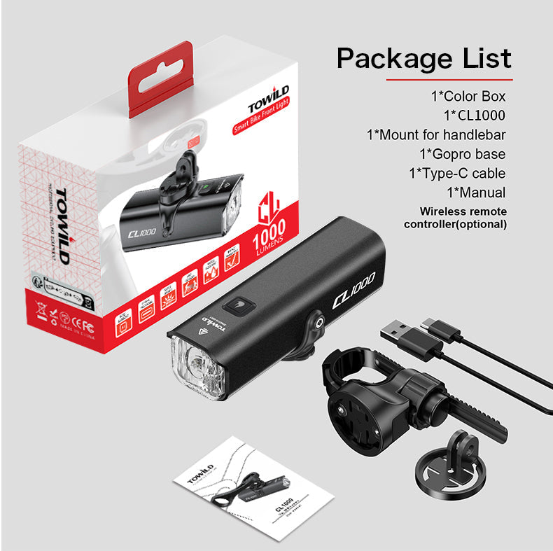 TOWILD CL1000 Велосипедна светлина за нощно каране Съвместима с Garmin/GoPro Mount 1000 Lumen