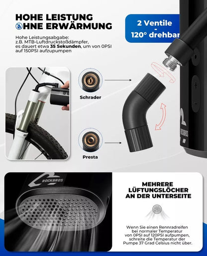 Велосипедна помпа ROCKBROS Преносима помпа Електрическа въздушна помпа 5000mAh 150PSI 380g