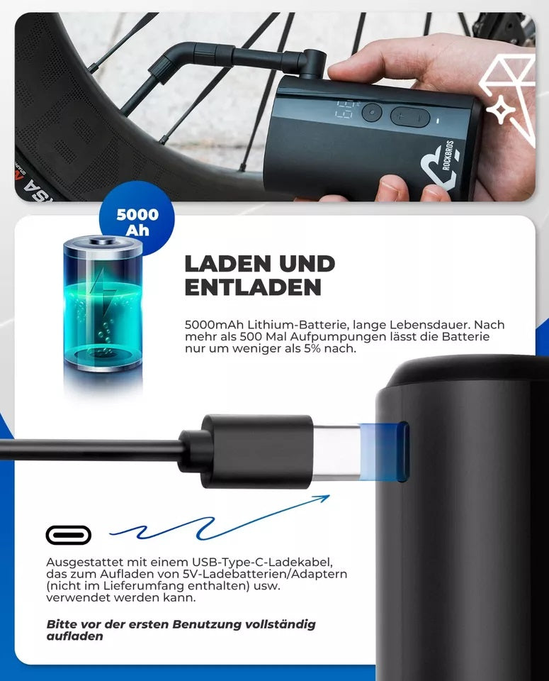 Велосипедна помпа ROCKBROS Преносима помпа Електрическа въздушна помпа 5000mAh 150PSI 380g