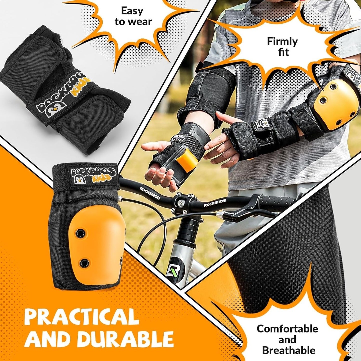 ROCKBROS наколенки детски 6 в 1 комплект протектори за скейт вградени наколенки подложки за китки и лакътници велосипед скейтборд спорт за момичета и момчета