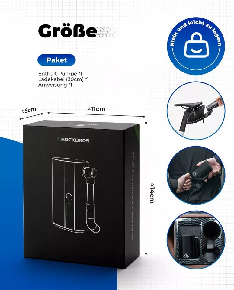 Велосипедна помпа ROCKBROS Преносима помпа Електрическа въздушна помпа 5000mAh 150PSI 380g