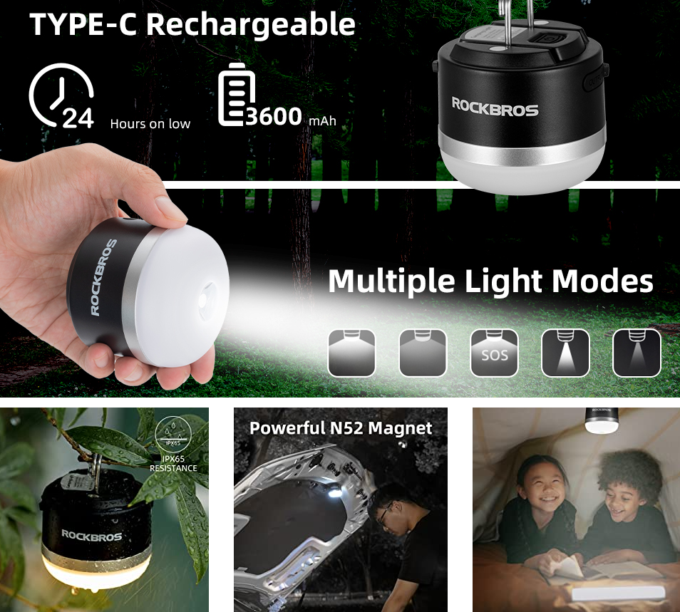 Фенер за къмпинг на открито ROCKBROS USB фенерчета 600 лумена IPX65 LED батерия