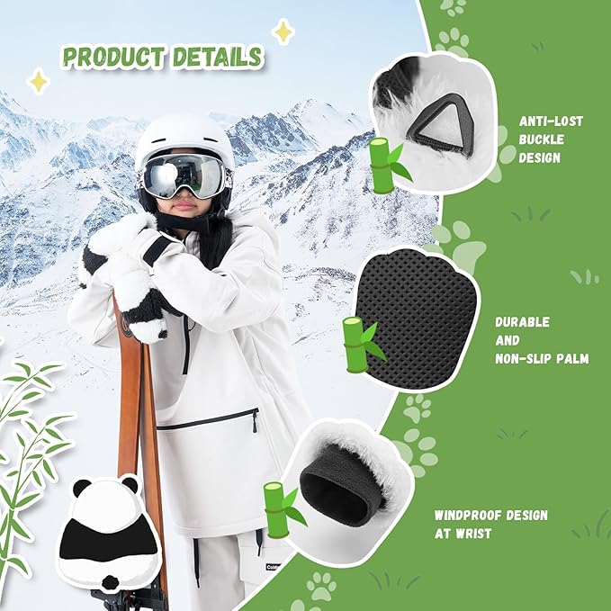 Qunature Ски ръкавици Panda Design Gloves за деца на възраст 4-12 Топли термо ветроустойчиви поларени ръкавици Идеални за зимни дейности като ски, сноуборд, кънки на лед